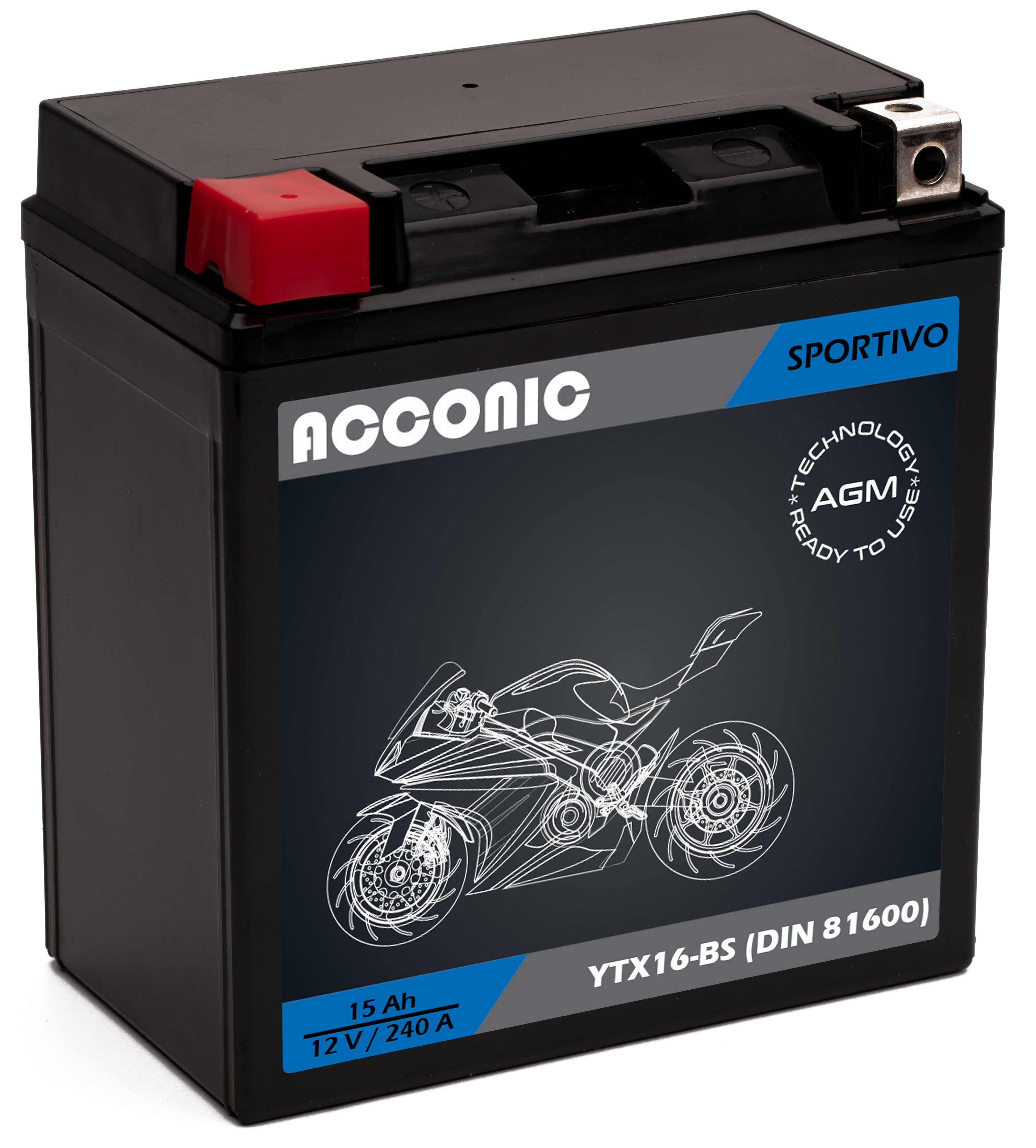 ACCONIC Sportivo AGM YTX16-BS Motorradbatterie 15Ah 12V (DIN 81600)